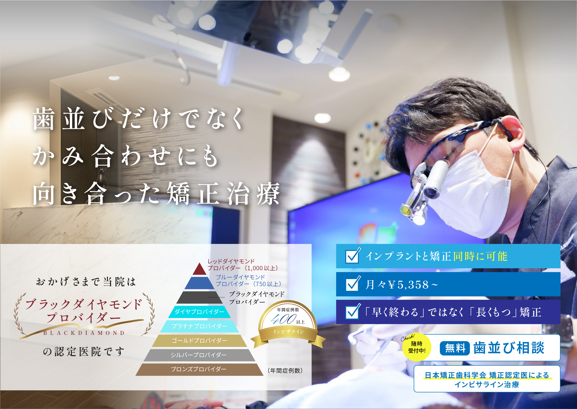 歯並びだけではなくかみ合わせにも向き合った矯正治療 インプラントと矯正同時に可能 透明マウスピース簡単に取り外し可能 「早く終わる」 ではなく「長くもつ」矯正